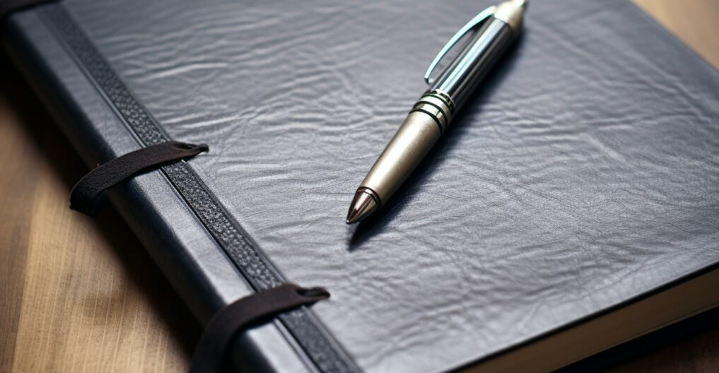 Black Leather Notebook with Metallic Pen on Wooden Surface Black Leather Notebook with Metallic Pen on Wooden Surface